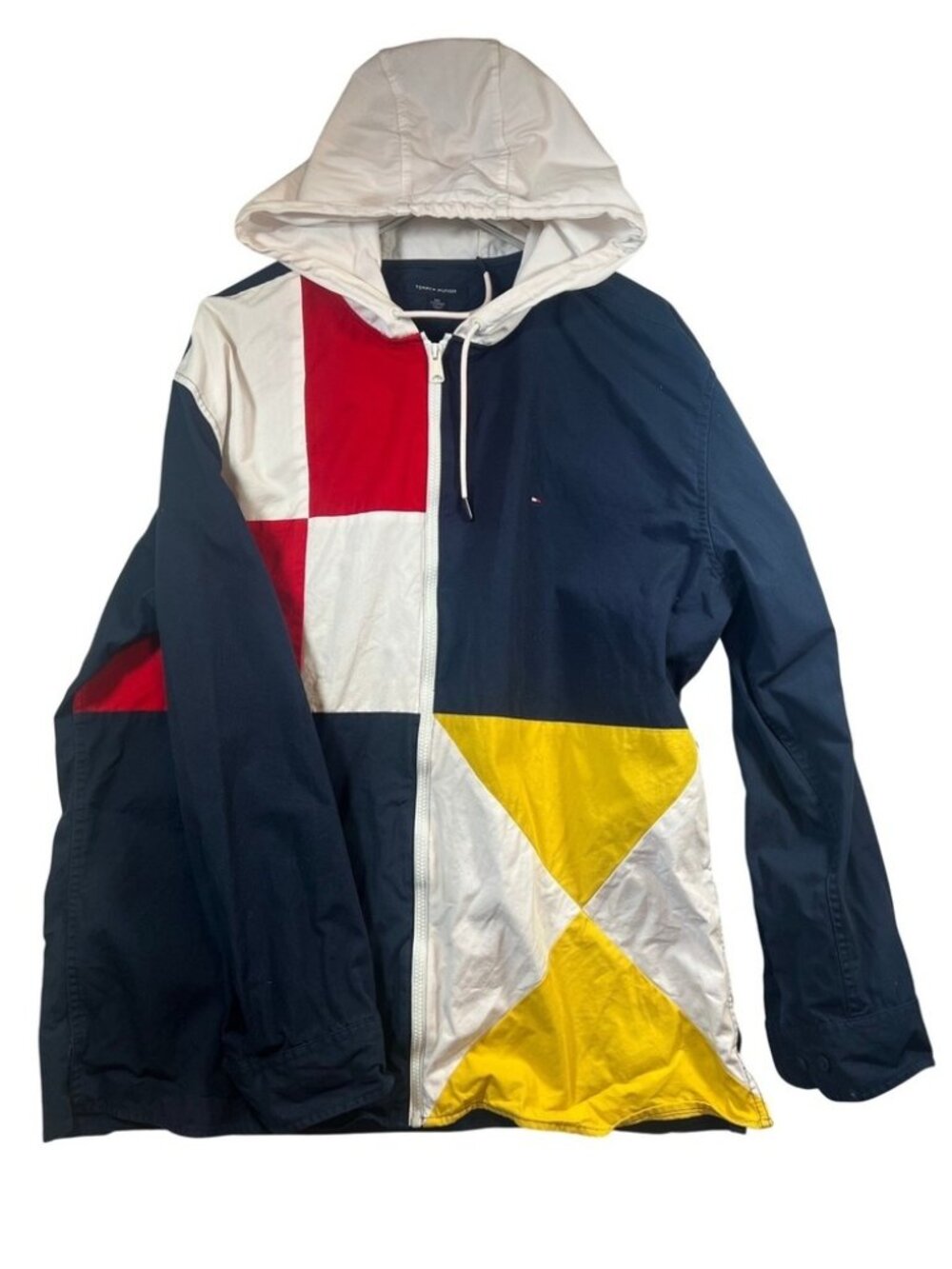Tommy Hilfiger Mens XXL Colorblock Nautical Hooded Windbreaker Jacket Navy Red
